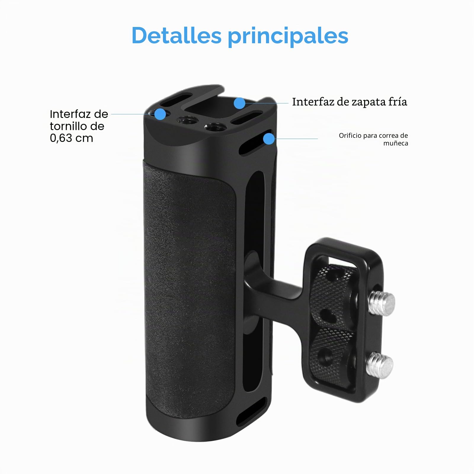 Empuñadura Ajustable hacia Arriba y hacia Abajo, Izquierda/Derecha, Mini empuñadura Lateral con Interfaz para Zapata fría y Montaje con Tornillo de 1/4"-20 para Jaula de cámara DSLR/Digital.