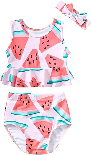 LYSMuch Traje de baño para niñas recién nacidas-3T, traje de baño de bikini con diadema, ropa de playa de 3 piezas