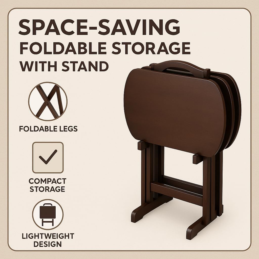 Ergode Corbett Brown Folding TV Tray Table Set with Storage Stand - Stylish Antique Walnut Design, Easy Maintenance, Ideal for Dining, Serving, and Work - Compact & Portable Rectangular Shape