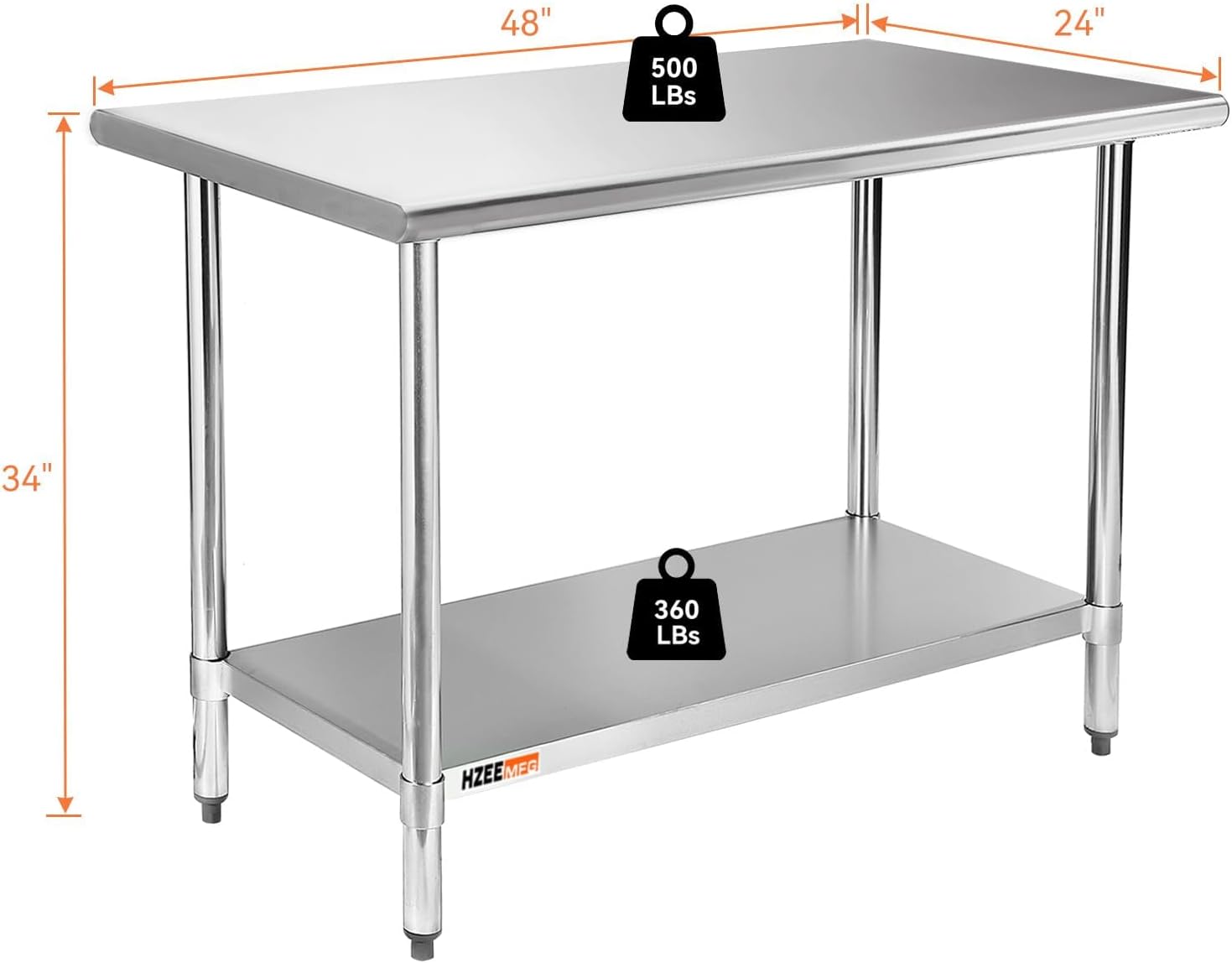 Stainless Steel Prep Table with 2 Under Shelves, 48 x 24 Heavy Duty Table