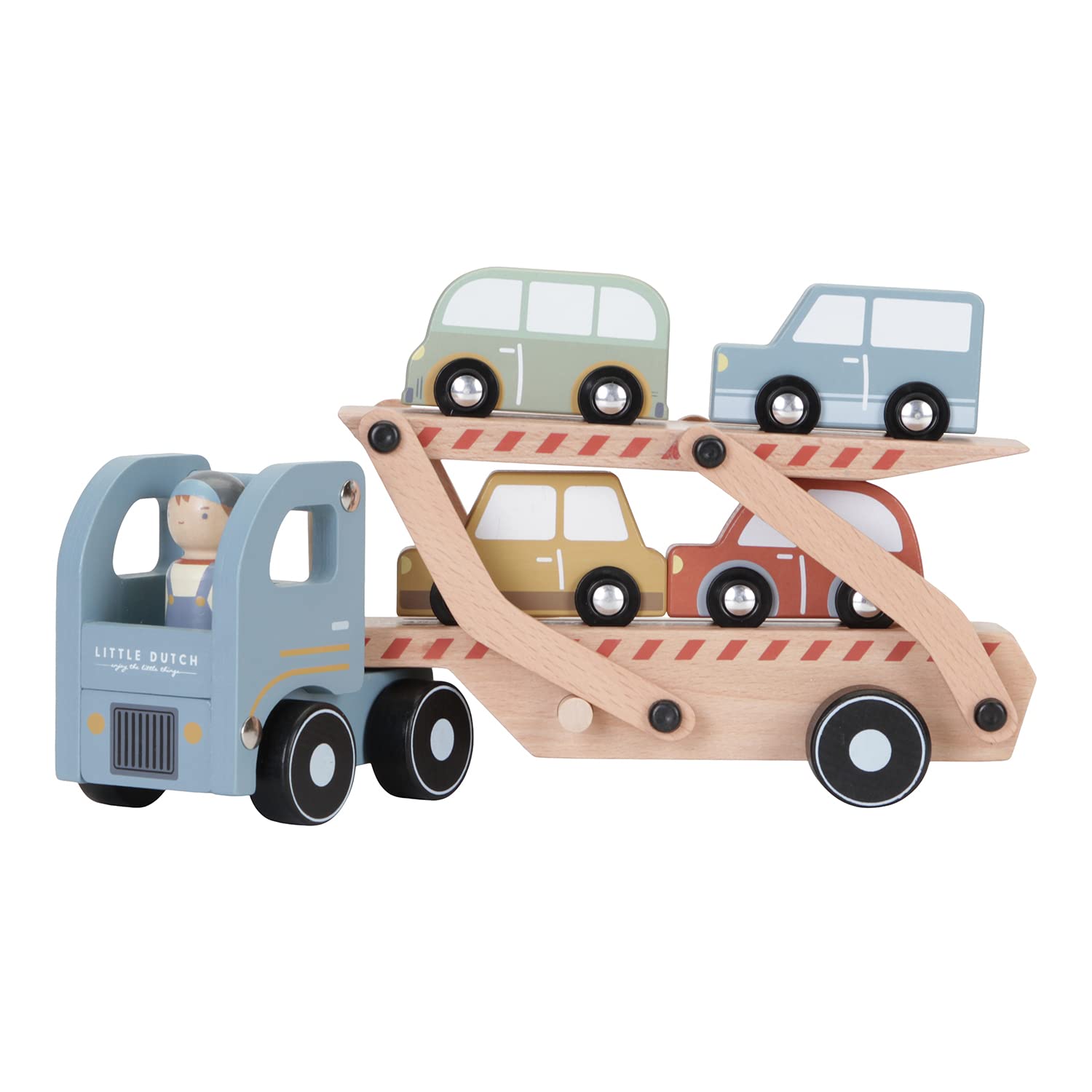 Little Dutch Autotransporter inkl. 4 Autos und Spielfigur Holz Kinder - blau