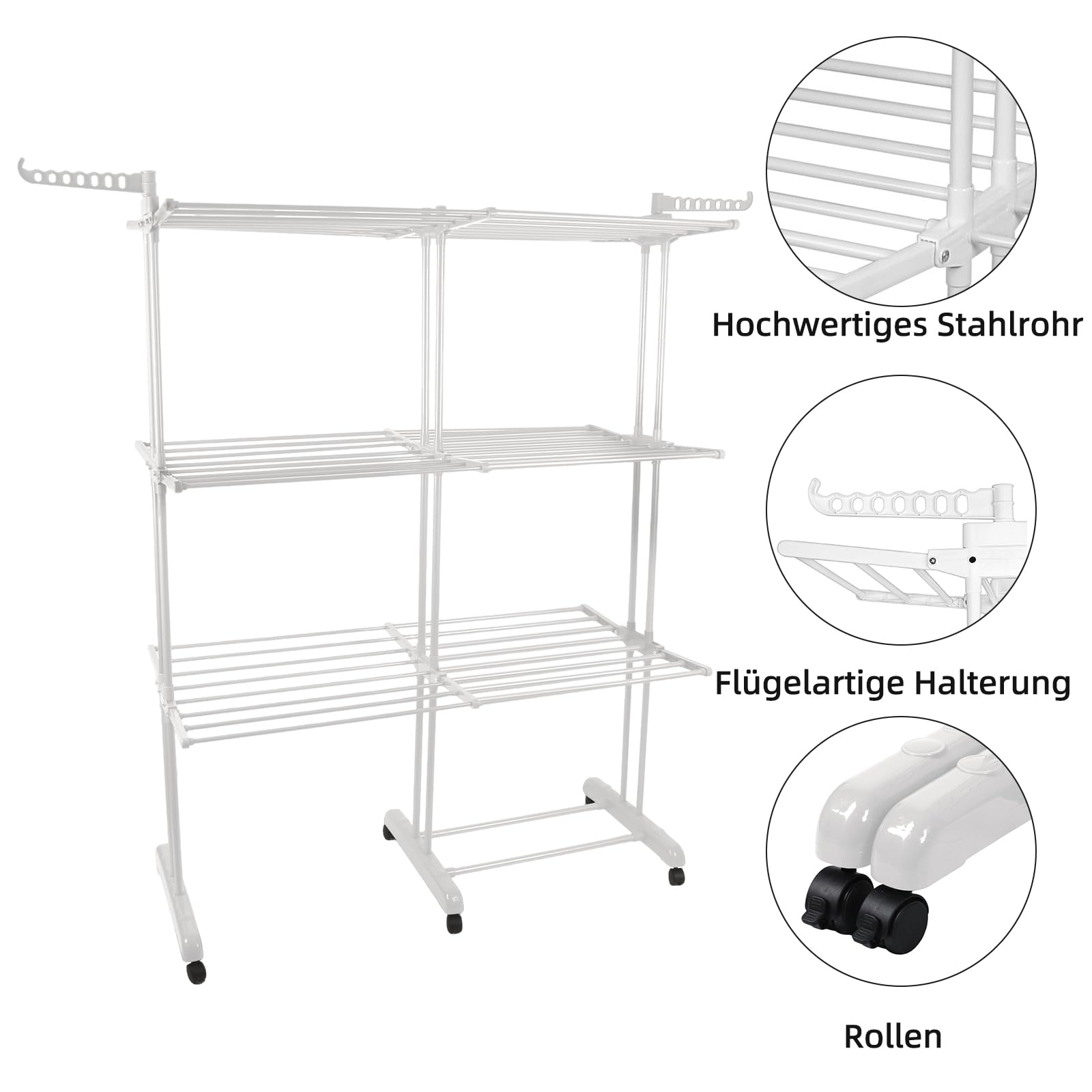 OHMG Wäscheständer, ausziehbar, große Kapazität, Trockenturm, 3 Ebenen, faltbar, vertikal, multifunktional, für drinnen und draußen, mit 12 klappbaren Flügeln, Wäscheständer