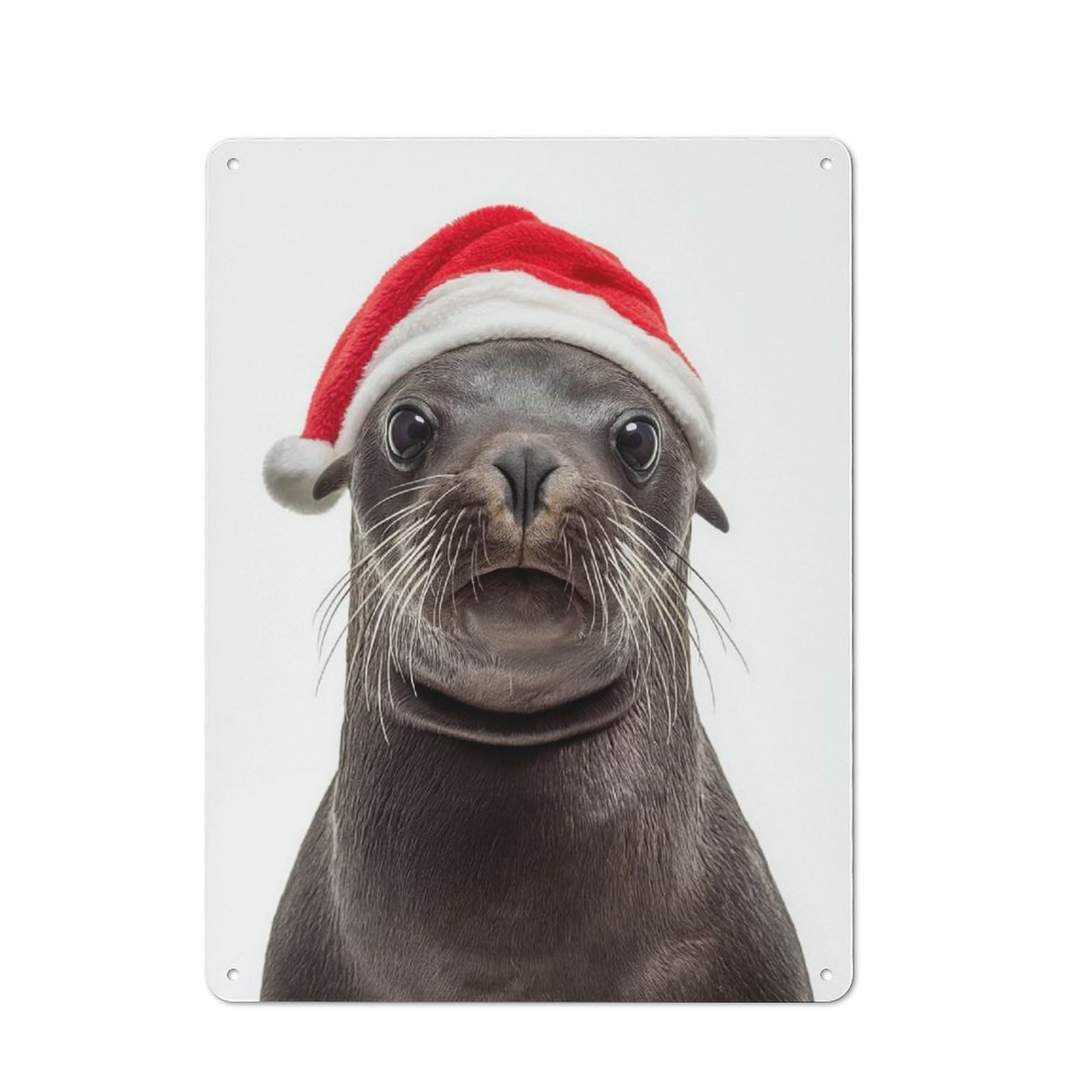Junmoney Seal With Santa Hat Tin Wall Plaque 40X30cm With For Home Office Or Studio, Gift Idea At Christmas For Creative Workspace Decorators