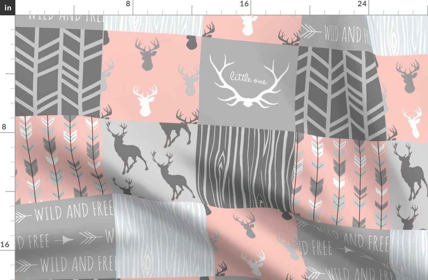 Spoonflower Fabric - Girls, Deer, Pink and Grey, Patchwork, Squares, Girl, Woodland, Printed on Organic Cotton Sateen Fabric by The Yard - Sewing Quilting Apparel Home Decor