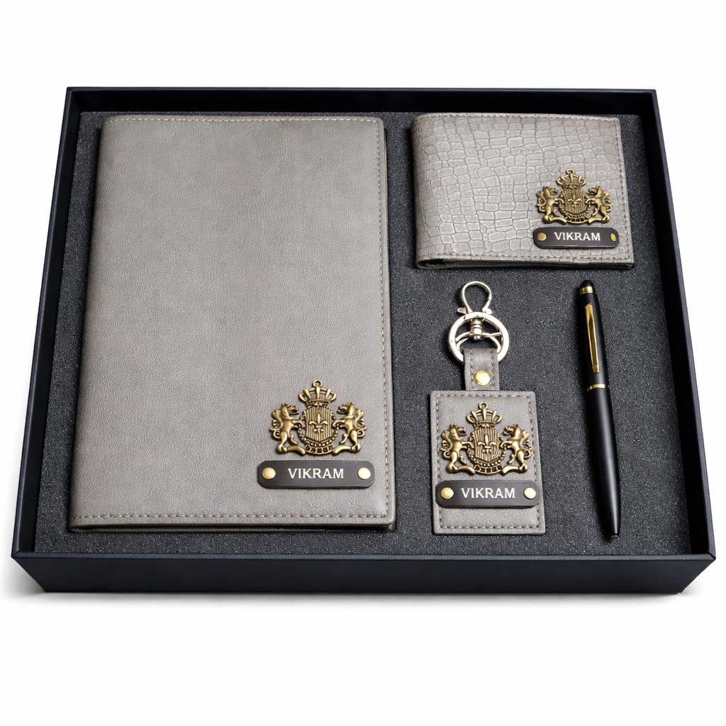 Personalised Wallet, Notebook, Keychain and Pen Combo, Leather, Travel Theme, Multiple Card Slots (Grey)-image-12