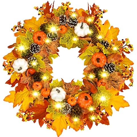 Bcamelys 22'' Halloween Wreath,Autumn Wreath for Front Door Autumn Decor,with 30 LED Battery Powered Pumpkin Pine Cone Berry Faux Maple Leaf Garland Fall Thanksgiving Decor Indoor Outdoor, Gold Cover
