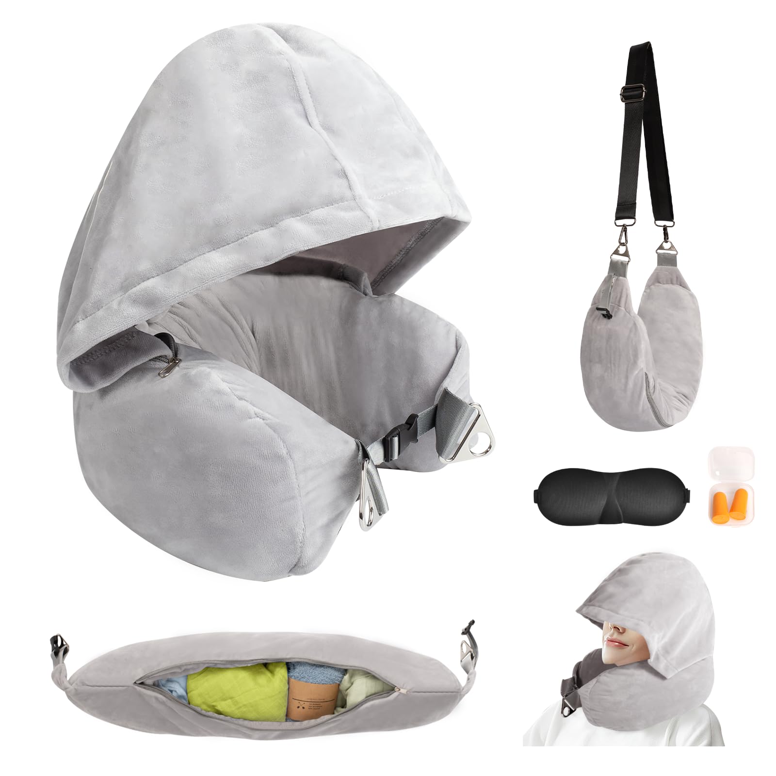 DreamShore Almohada de cuello rellenable para viajes con capucha, almohada de viaje de terciopelo ajustable con tapones para los oídos y máscara de ojos, almohada de cuello de viaje definitiva para