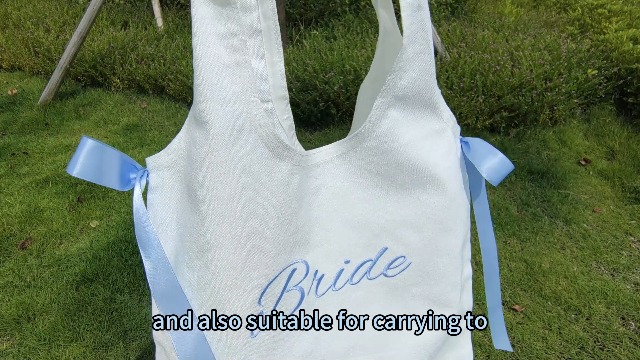 Bolso Tote blanco de lona con lazos azul satín miniatura 7