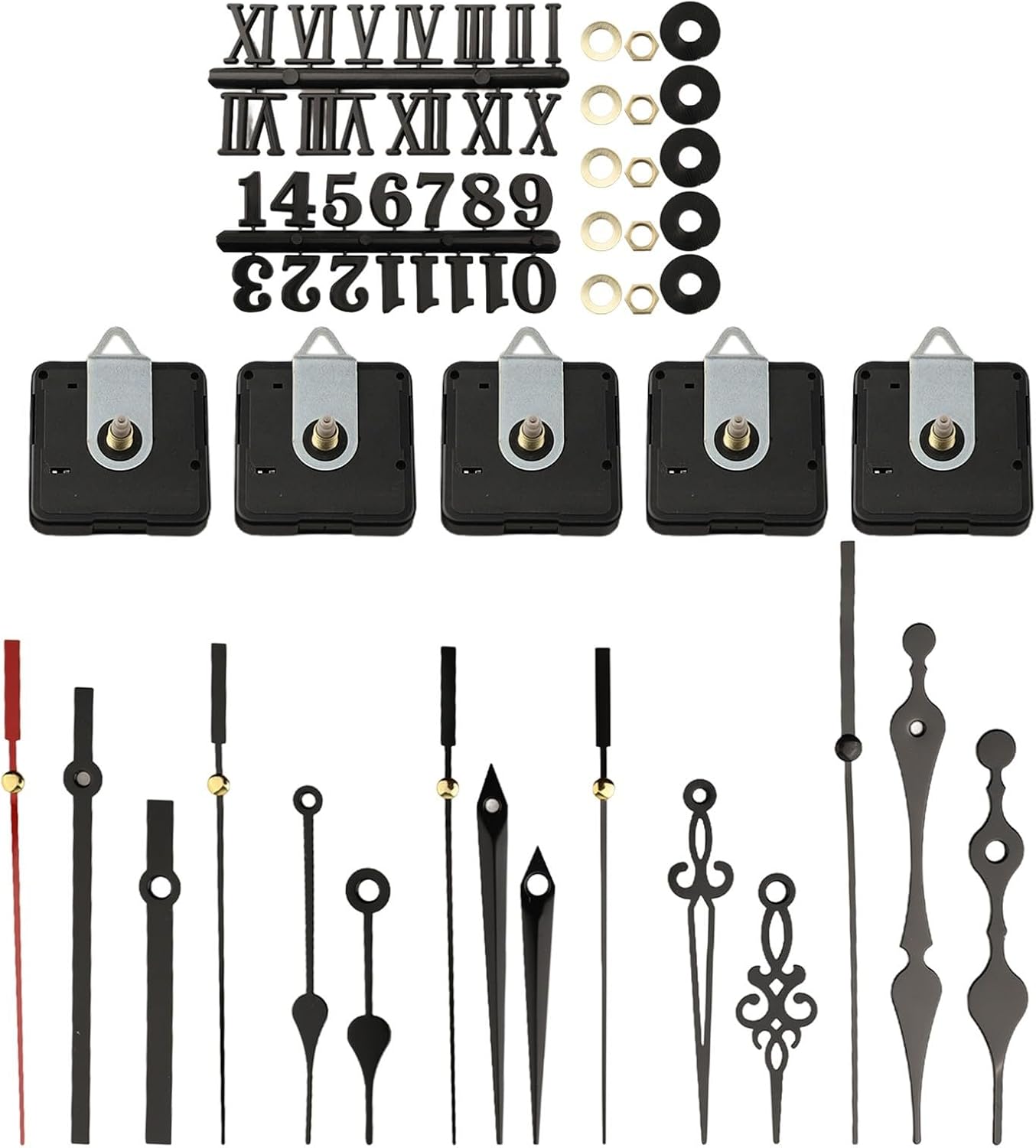 Silent Quartz Clock Movement Kit DIY Wall Clocks – 5PCS & Pointers, 2PCS Digital Cards (Arabic/Roman), 56x56x16mm, Requires 1.5V AA Battery(black)