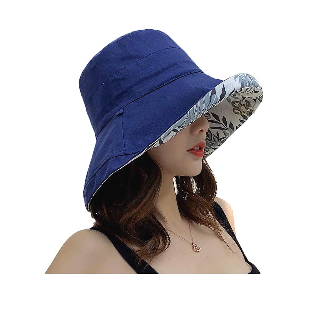 Micoop Women's Dark Blue Linen Cotton Upf 50+ Sun Hat Reversible Bucket Hat With Wide Fold-Up Brim And Chin Strap (Dark Blue)