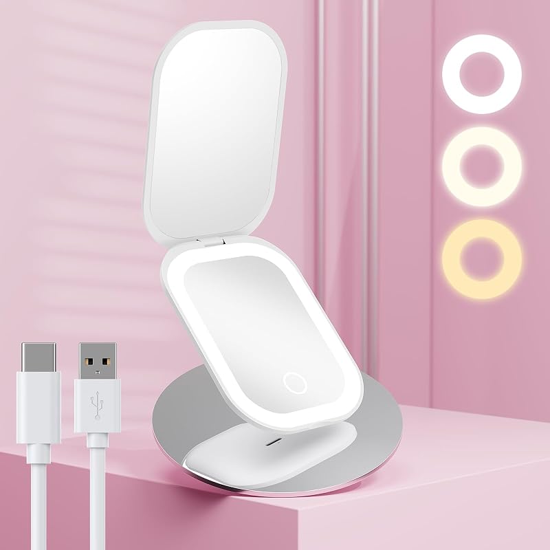 Espelho compacto com luzes Benbilry, recarregável via USB-C, 1X/3X, branco