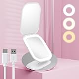 Benbilry Lighted Compact Travel Mirror with 3 Color Lights, 1X/3X Magnifying Ultra Slim Rechargeable Pocket Mirror for Purse, 2-Sided, Handheld, Folding, Portable, White