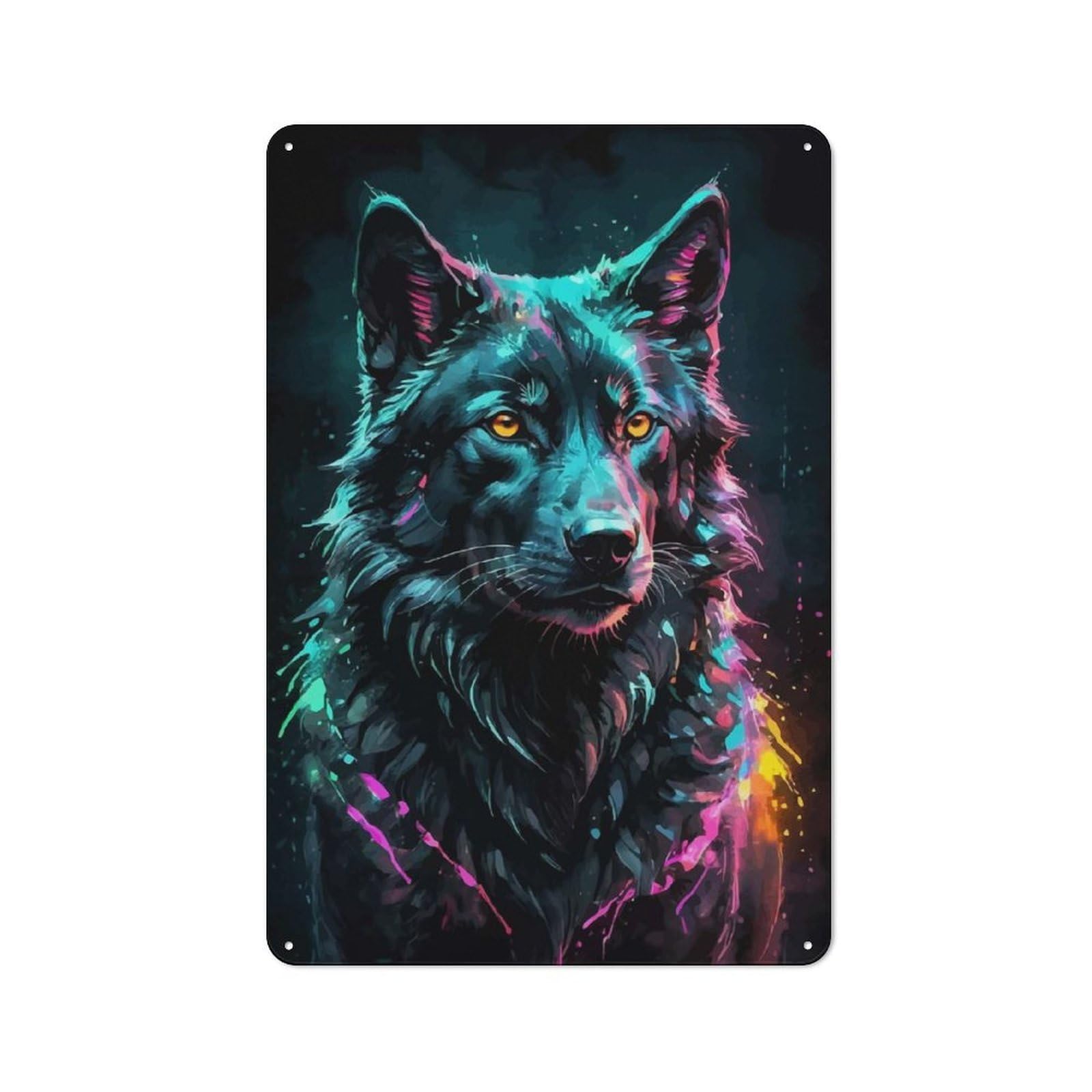 Neon Wolf Watercolor Portrait Rustic Tin Sign 30x20cm, Shed Style Utility Space Decor for Patio Bar, Workshop, Shed Or Kitchen