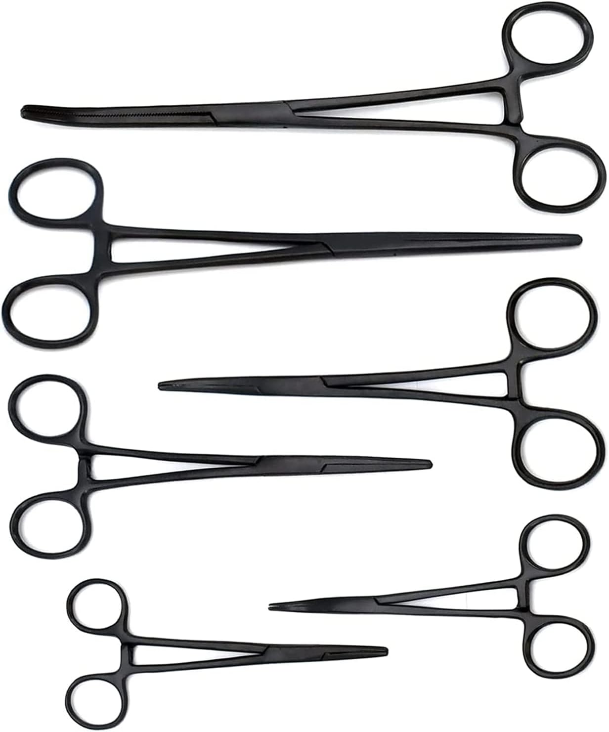 All Black Coated Hemostat Set 5" 6" 8" Curved/Straight - 6 Pack