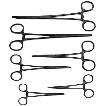 All Black Coated Hemostat Set 5" 6" 8" Curved/Straight - 6 Pack