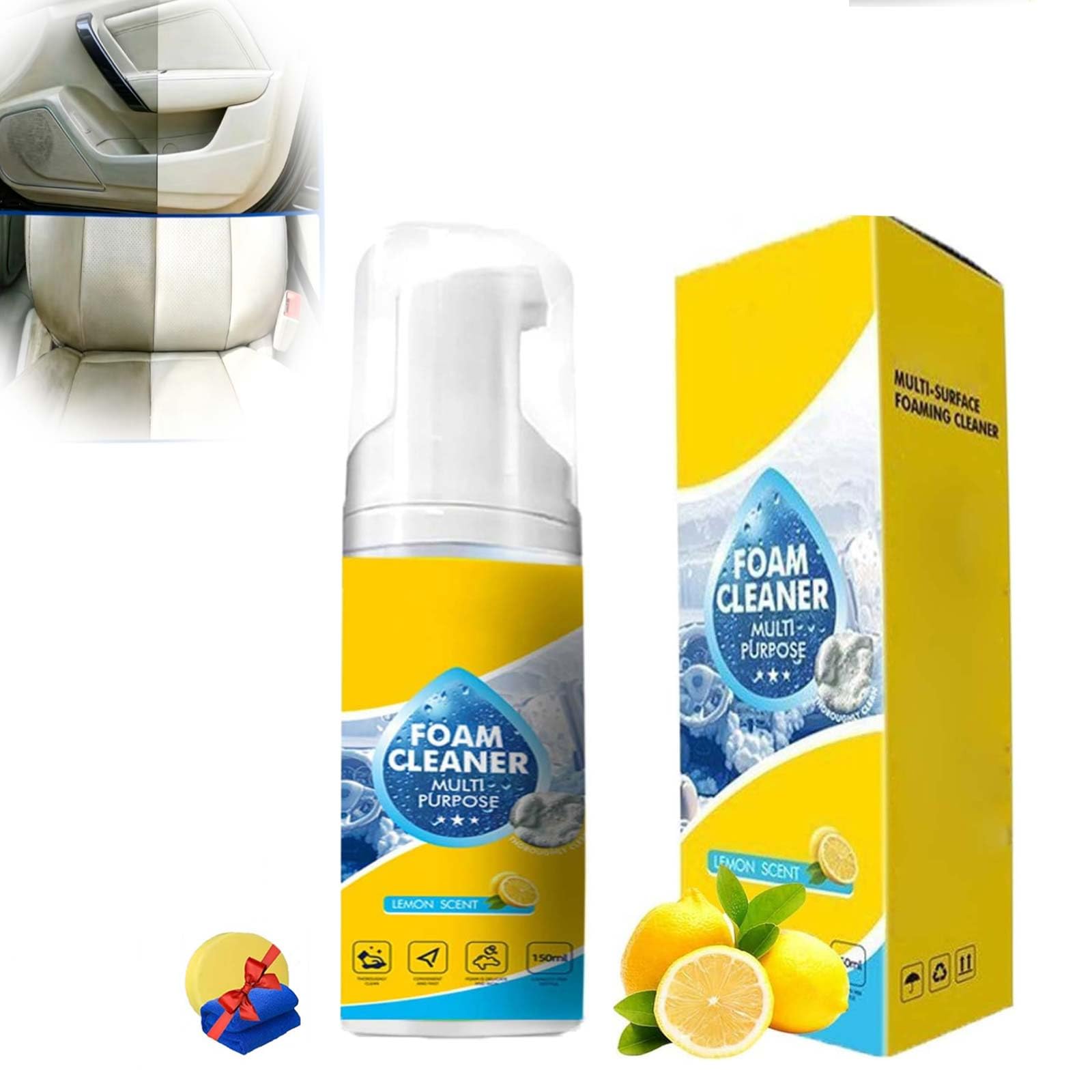 Foam Cleaner All Purpose, Quick Detailer Panel Wipe for Dashboard, Seats, Carpet & Leather, Rinse-Free Interior Car Cleaner - Lemon Scent (1pc)