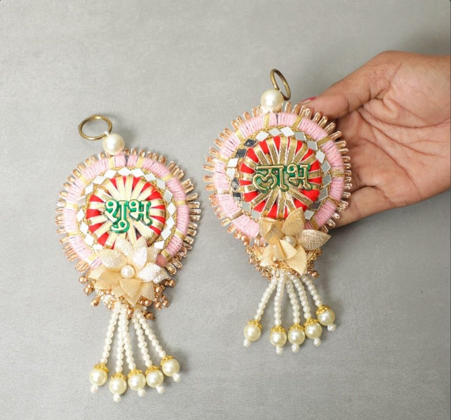 Image of Handmade Shubh Labh Wall Hanging with Kundan, Gota & Pearl Detailing - Elegant Home Decor for Diwali, Navratri, Weddings, Housewarming & Puja Favors