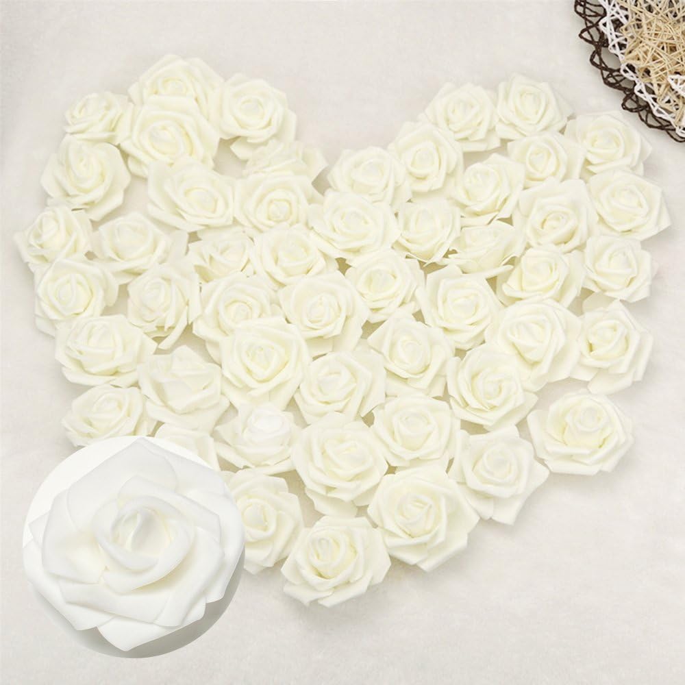 Happyyous 200PCS Roses Flowers Heads Artificial Foam Roses Heads for DIY Wedding Bouquets Centerpieces Arrangements Party Baby Shower Home Decorations - 3X1.4X3in