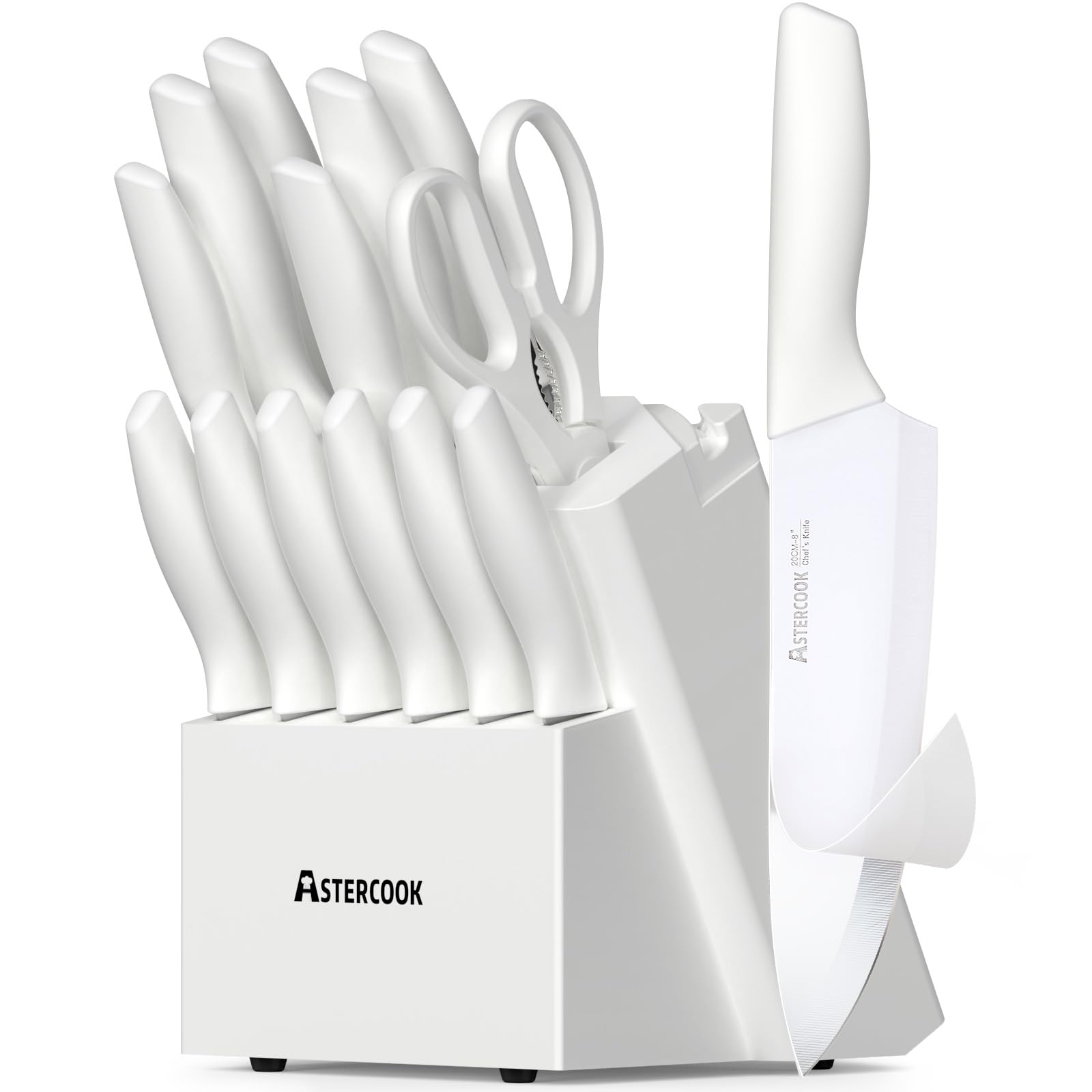 Astercook Knife Set for Kitchen 15 Piece with Block and Sharpener Kitchen Knives with Ceramic Coating Sharp Blade Dishwasher Safe Knife Block Set with Anti-slip Ergonomic Handle, Elegant White