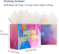 Vista 5 de Cmecial Bolsa de regalo de cumpleaños extragrande, 16 pulgadas, lámina dorada/láser, bolsa de regalo con papel de seda para mujeres, niñas, niños