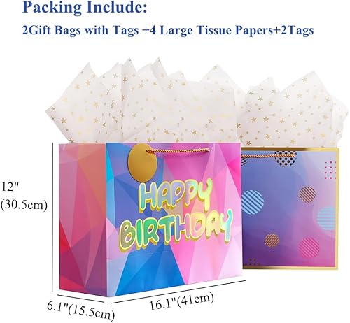 Miniatura 5 de Cmecial Bolsa de regalo de cumpleaños extragrande, 16 pulgadas, lámina doradaláser, bolsa de regalo con papel de seda para mujeres, niñas, niños,