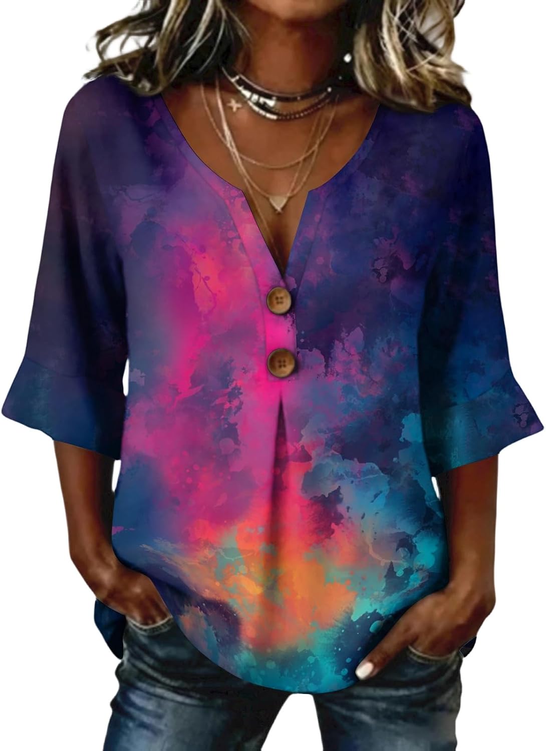 3/4 Sleeve Blouses for Women Summer V Neck Button Down Henley Shirts Dressy Casual Three Quarter Sleeve Graphic Tops