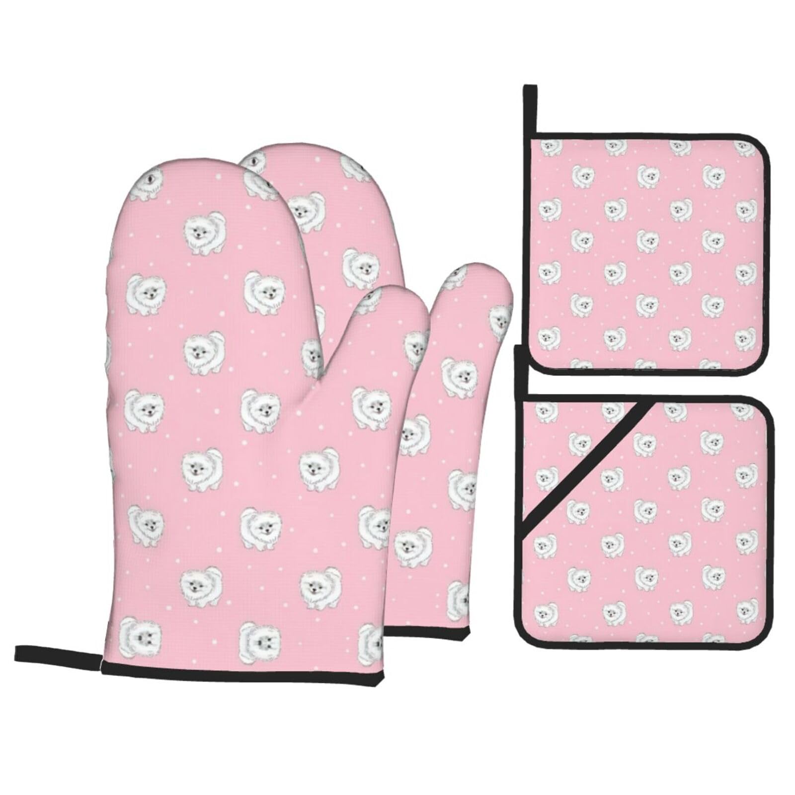 Pomeranians Puppies and Point Print Stylish 4-Piece Microwaving Oven Waterproof Kitchen Gloves Baking Holiday Cooking