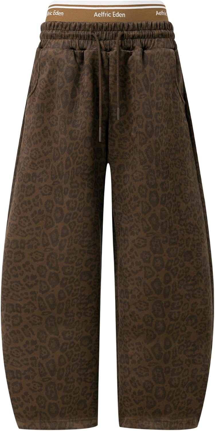 Aelfric Eden Leopard Print Baggy Sweatpants Elastic Double Waist Faux Suede Wide Leg Pants Women Casual Y2K Unisex Trouser