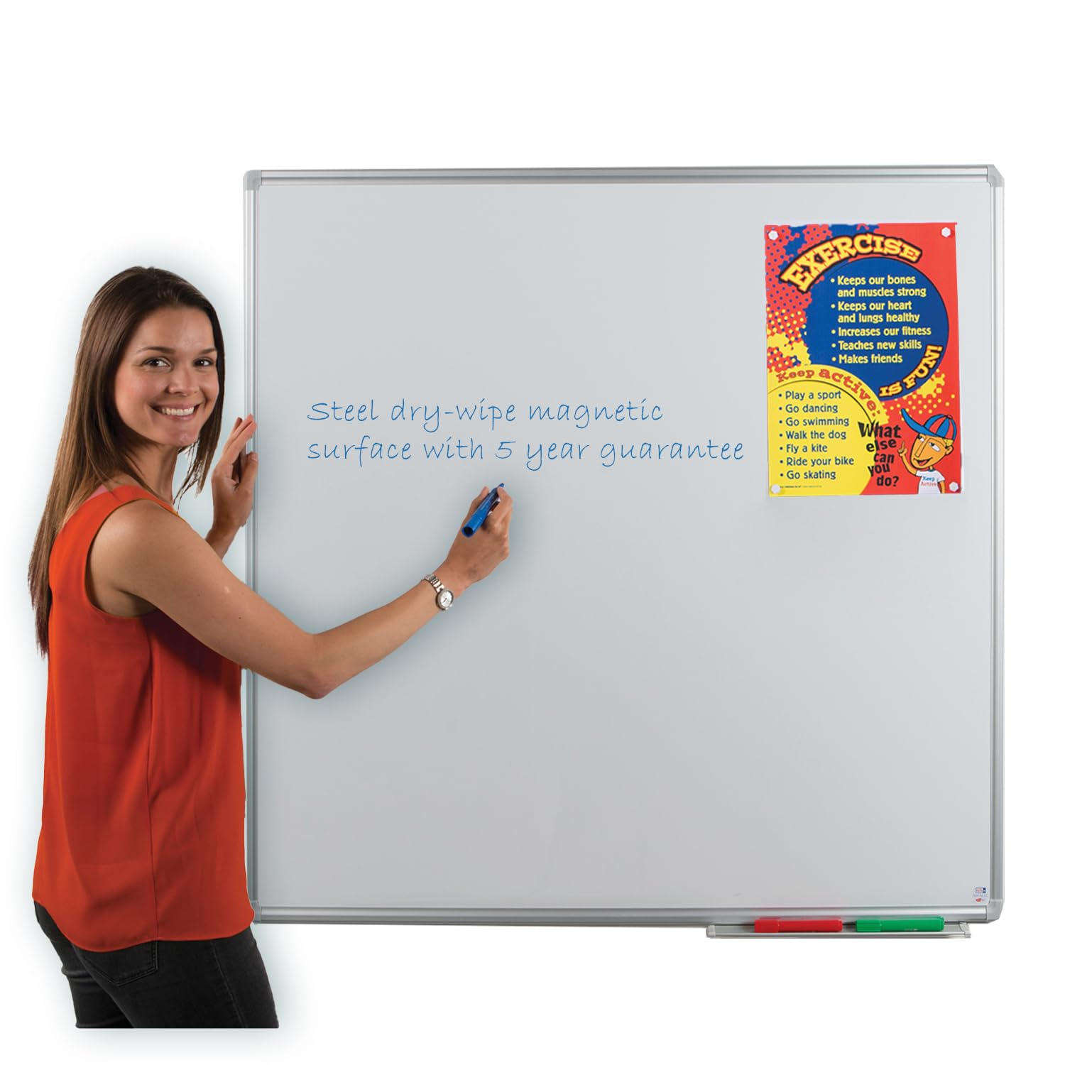Large Magnetic Dry-Wipe Whiteboard, 120 x120 cm, Steel Dry-Wipe Surface, Aluminium Frame with Clip-on Pen Tray, Wall Mounted - Ideal for Office, School, Training