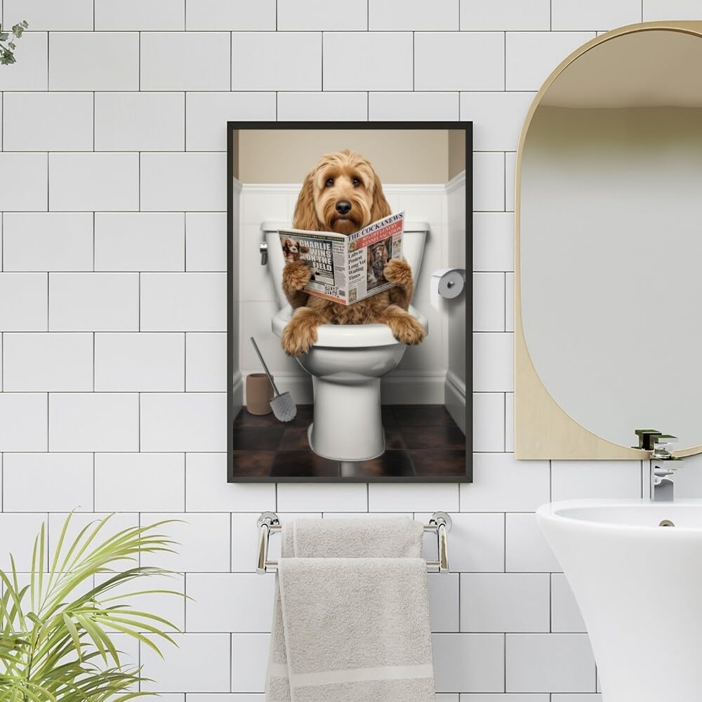 JYscillate Funny Cockapoo Dog Bathroom Poster - Adorable Cockapoo on the Toilet Art Print - Humorous Bathroom Wall Art for Dog Lovers - Gift for Pet Owners - Bathroom Decor 16x24inch Framed, style-6
