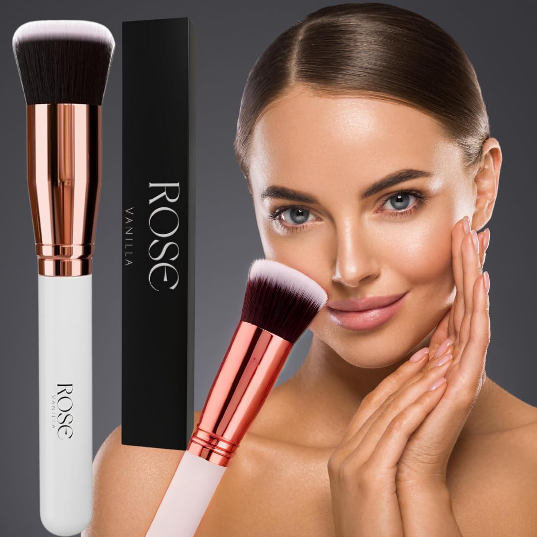 Rose VanillaMake Up Brush Foundation Kabuki Flat Top - Perfect For Blending Liquid, Cream or Flawless Powder Cosmetics - Buffing, Stippling, Concealer - Premium Quality Synthetic Dense Bristles!