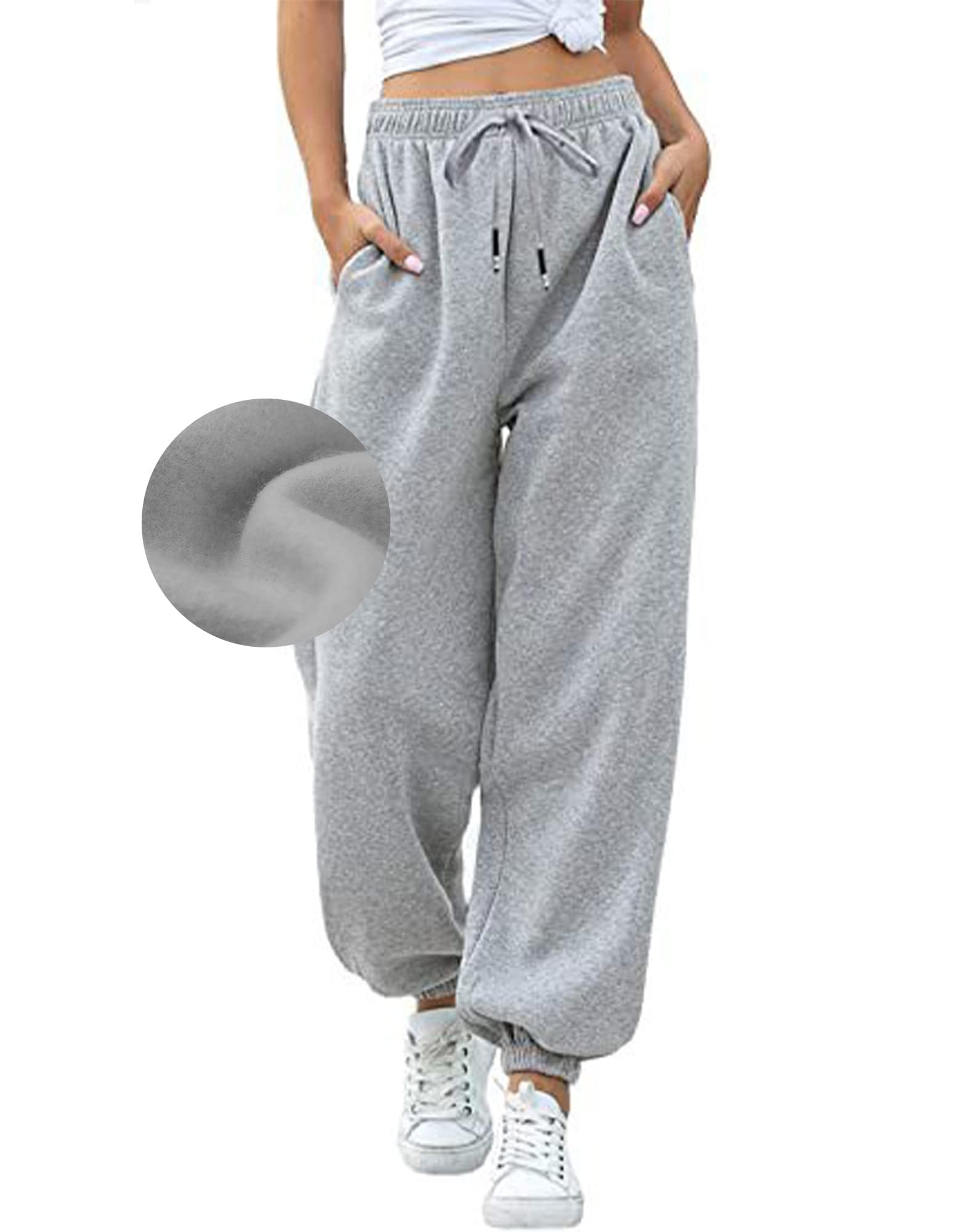 XKBHYD Women Fleece Lined Joggers Cotton Blend Harem Sweatpants Pockets Bottom Trousers Drawstring Pants for Gym Running