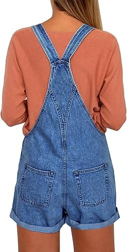 Miniatura 2 de Vetinee - Overol corto clásico de mezclilla con tirantes ajustables para mujer, con dobladillo con puño