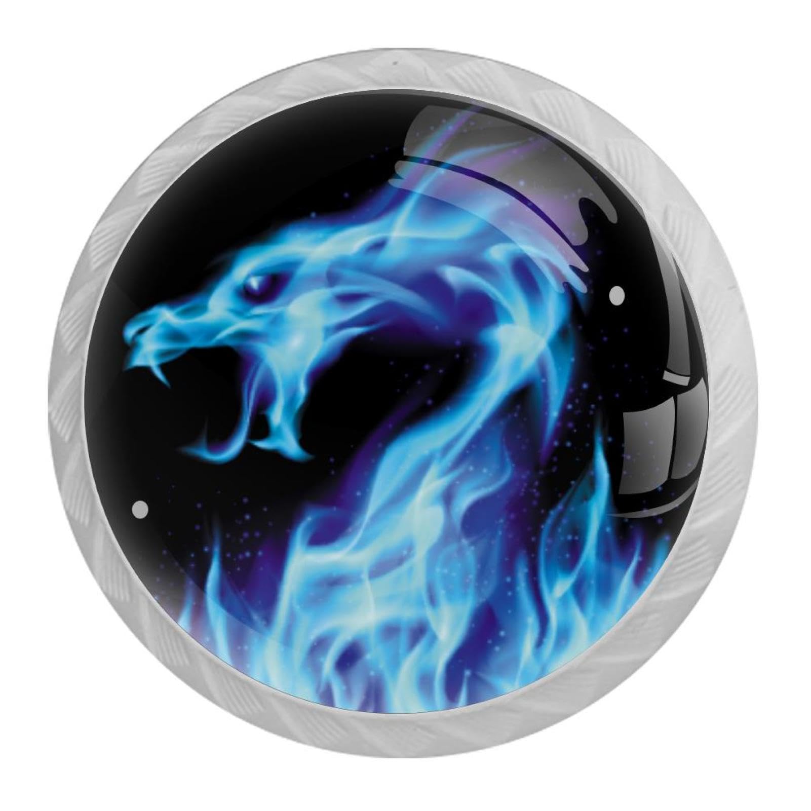 Tqmspg 4 Pieces Drawer Pulls Blue Fire Dragon Door Knobs Dresser Handles for Kitchen Wardrobe Cupboard Hardware Furniture