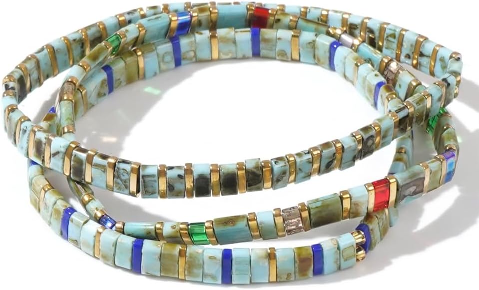 Tila Flat Colorful Beaded Stack Bracelets Set for Women, Trendy Handmade Miyuki Glass Beads Stretch Bohemia Bracelet Festive Holiday Accessories Jewelry Gift.
