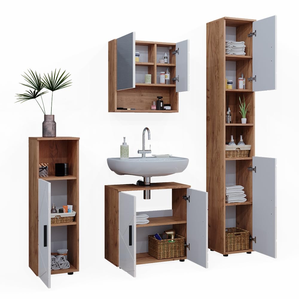 Vicco Set di mobili da bagno Irma, Bianco lucido/Rovere dorato 80 cm