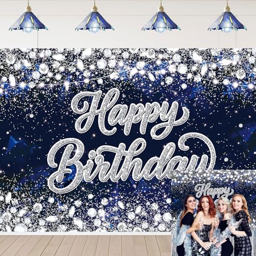 Image of Royal Blue Happy Birthday Backdrop Royal Blue Silver Glitter Background for Photography Girls Boys Birthday Party Decoration Banner Cake Table Dessert Table Photo Supplies (7X5FT)