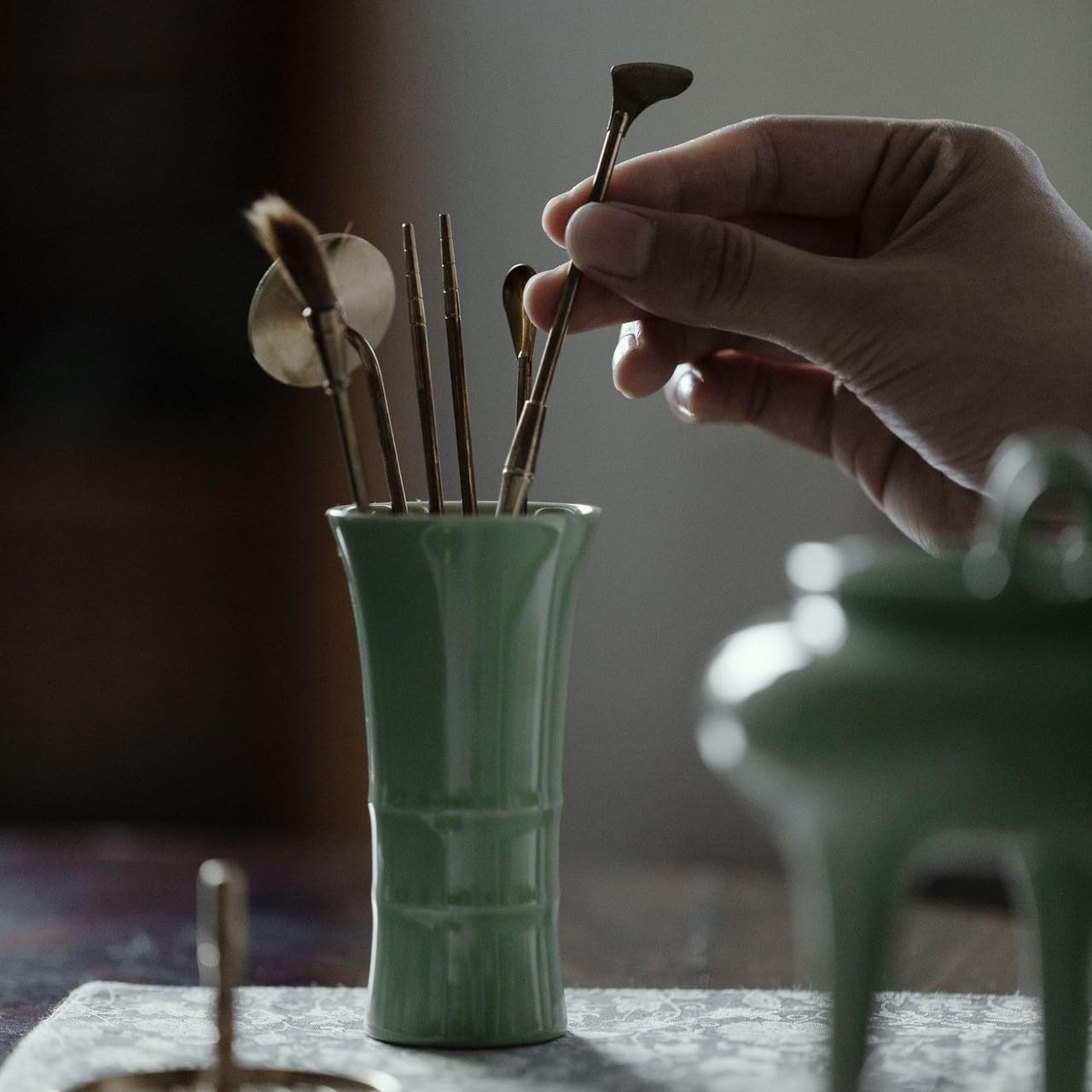 Celadon Incense Powder Burner Set - Making Incense Seal with 12pcs Toolskit, Three-Legged Incense Holder for Powder/Stick/Cone/Coil, Gift for Women, Deluxe Incense Burner Gift