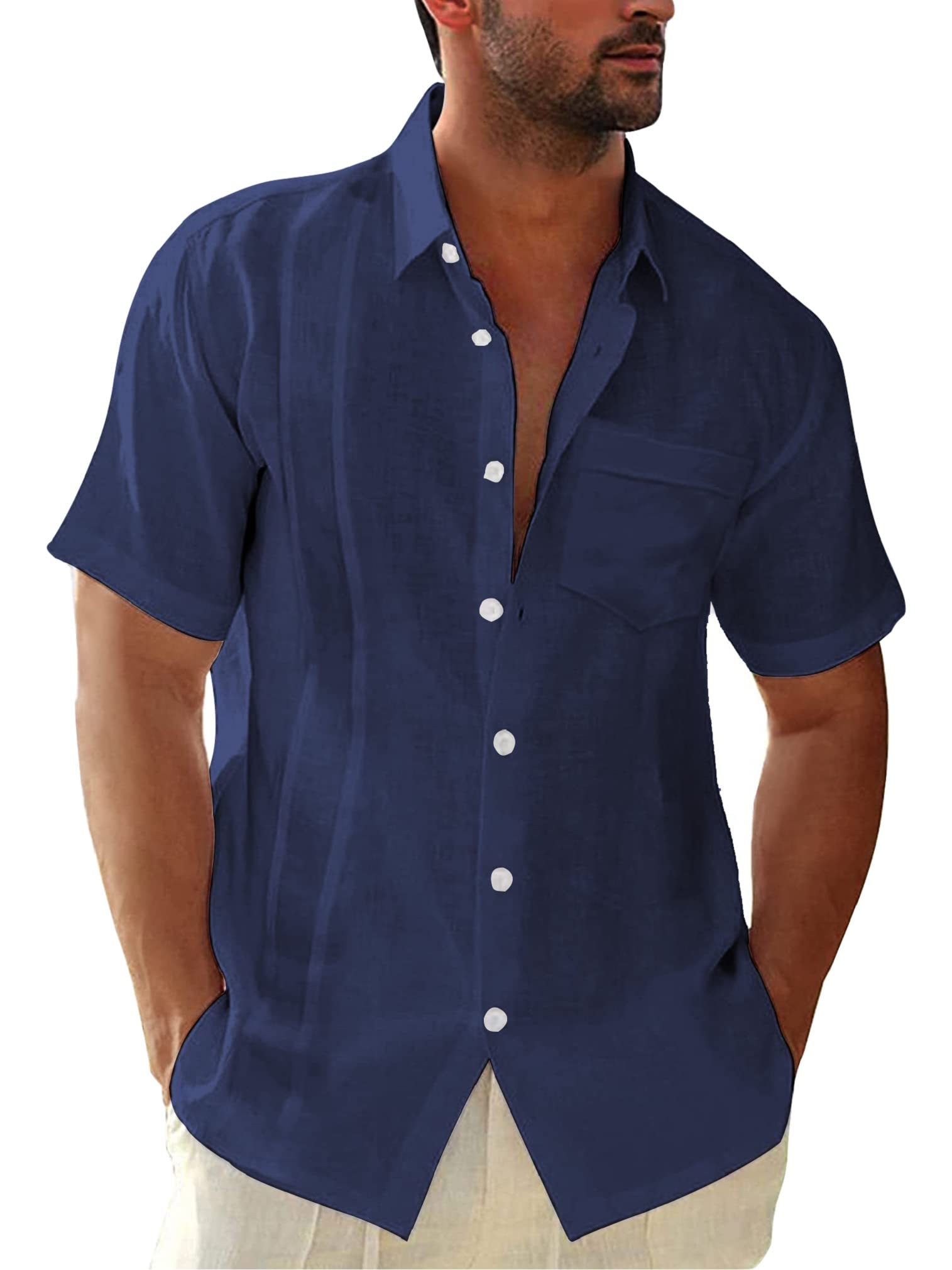 Yutdeng Camisa Hombre Manga Corta Camisas Lino con Bolsillo Camisas de Verano Regular Fit Clásica Camisas Casual para Hombre Ropa Verano Color Sólido Moda Shirt Ropa Verano