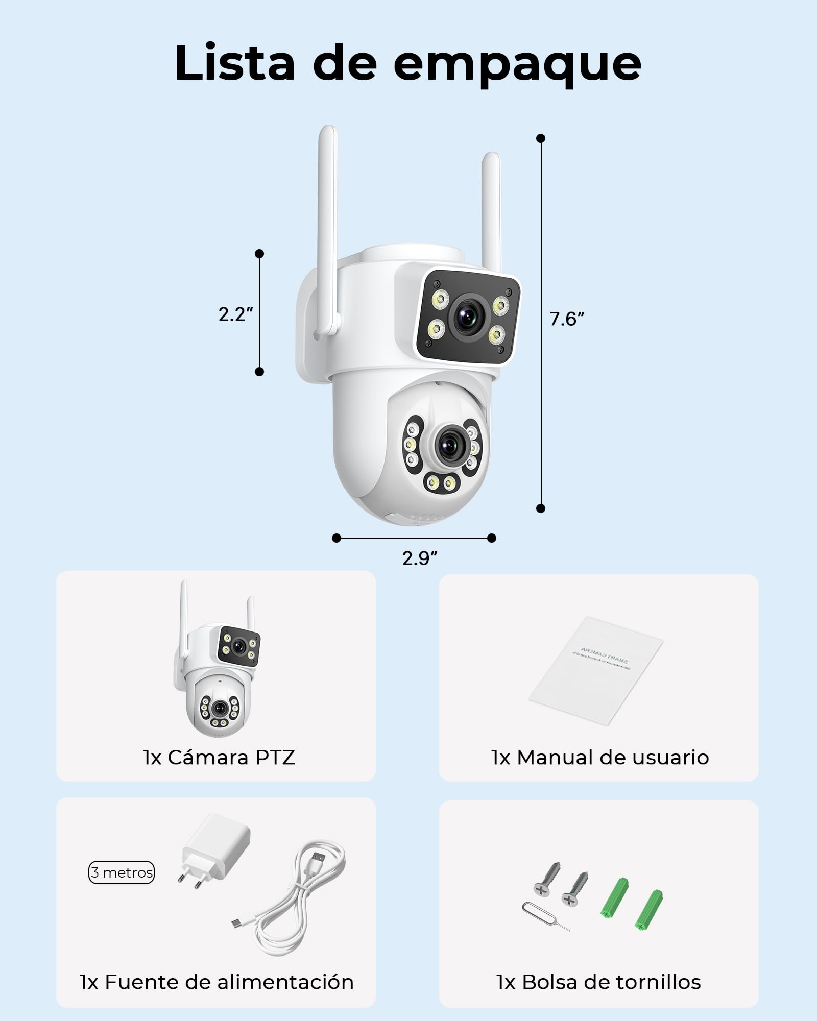 ANBIUX 2K Camara Vigilancia WiFi Exterior con Doble Lente,2Pack | 3m Cable,2.4/5G WIFI,Visión Nocturna Color, Detección Humana, Audio Bidireccional, Almacenamiento en la nube gratuito