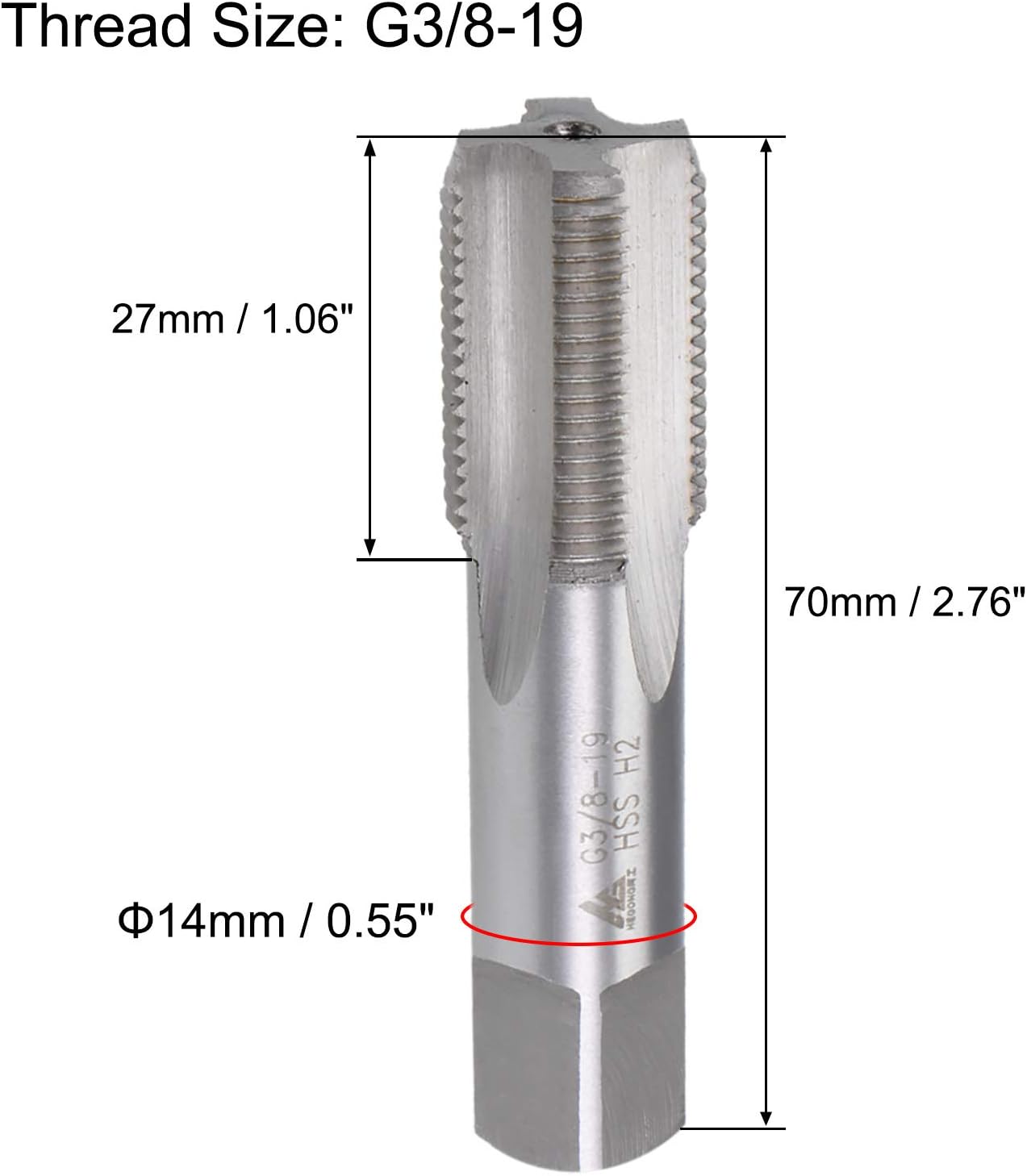 uxcell G3/8-19 Pipe Thread Tap, Machine Threading Tap Right Hand, HSS Uncoated Straight Flute, H2 Tolerance