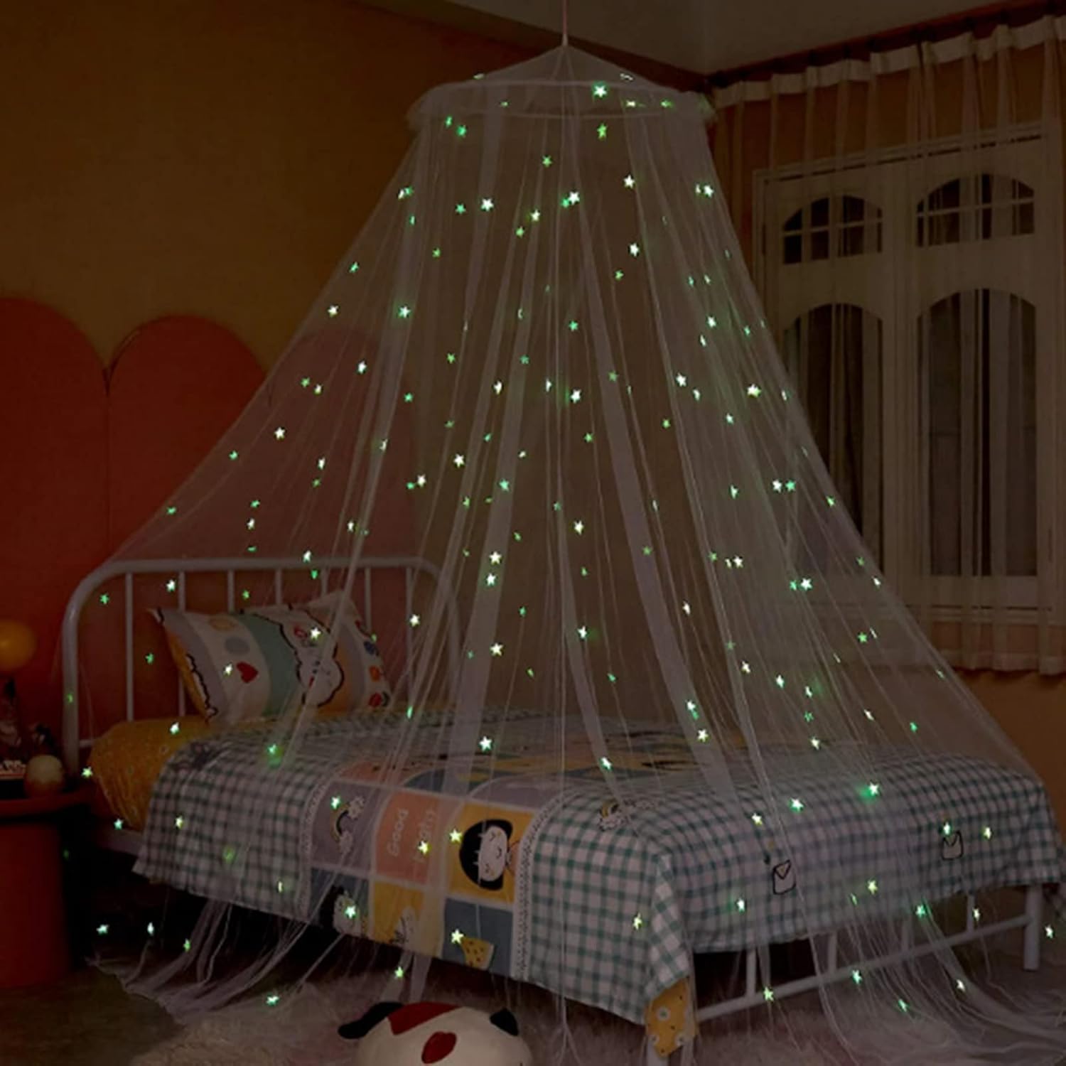 Mosquito Net for Bed Canopy with Fluorescent Stars Glow in Dark for Kids Glow in Dark Hanging Bed Dome Canopy (White Medium)