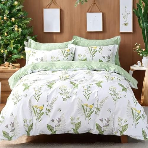 FADFAY Duvet Cover Set Queen 4-Pcs Shabby Daisy and Lavender Flowers 100% Cotton Hidden Zipper Closure with Green Deep Pocket Fitted Sheet 4 Pieces Queen Size