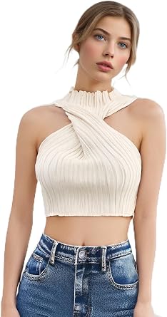 SweatyRocks Womens Sleeveless Halter Twist Front Crop Top Slim Fit Ribbed Knit Vest Tank Tops