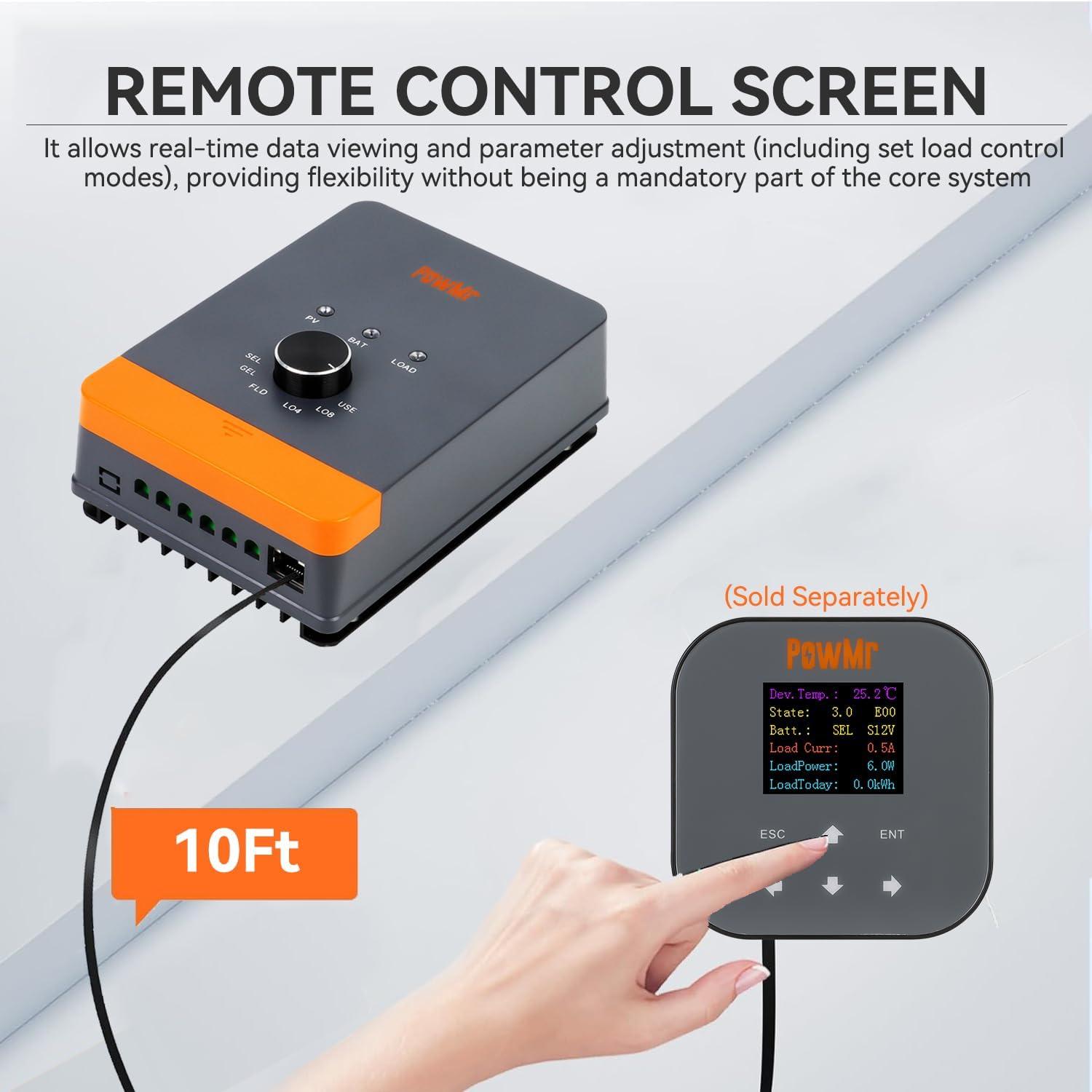 Temank PowMr MPPT Solar Charge Controller connected to an optional remote control screen