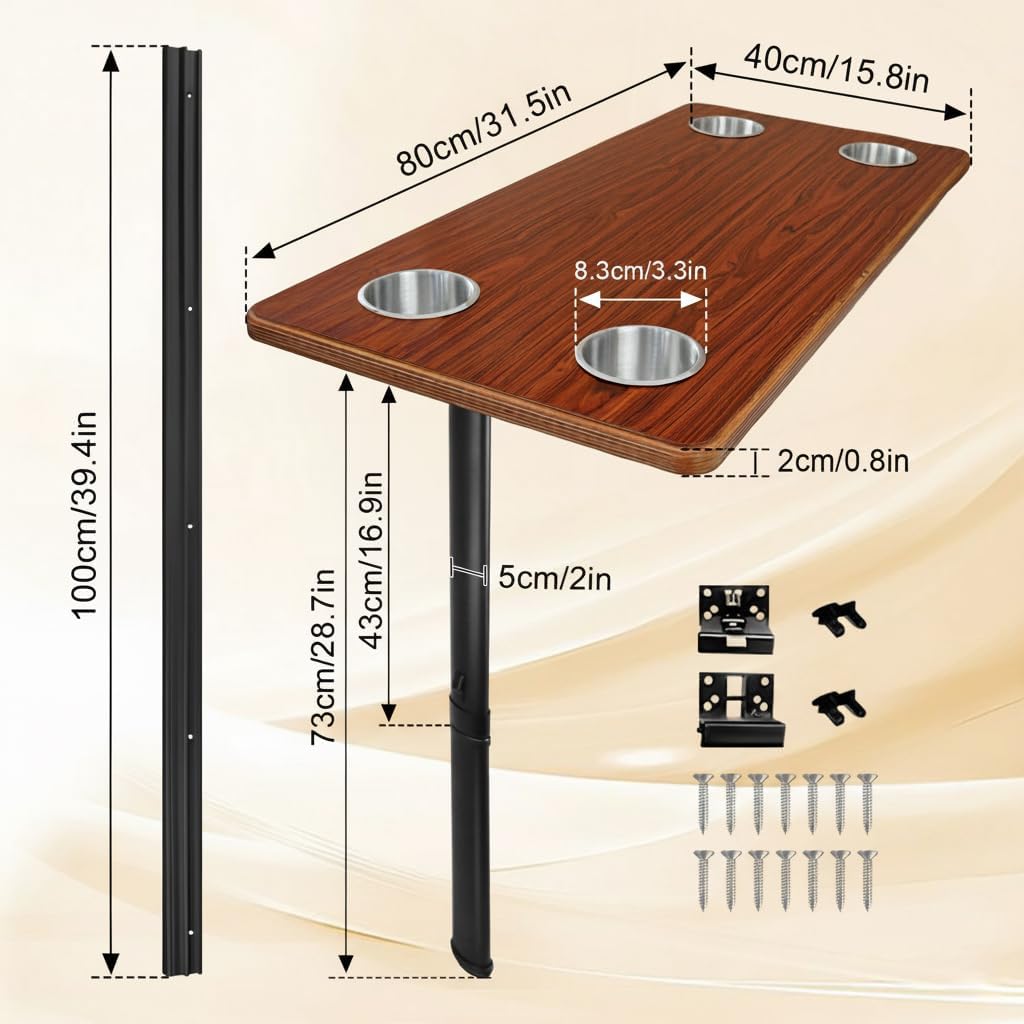 Red Wood-Grain Desktop & Folding Leg Set — 800x400mm Rectangular Tabletop with 4 Stainless Steel Cup Holders, Ideal for RVs, Trucks, and Commercial Vehicles (Black Table Leg+Tabletop)