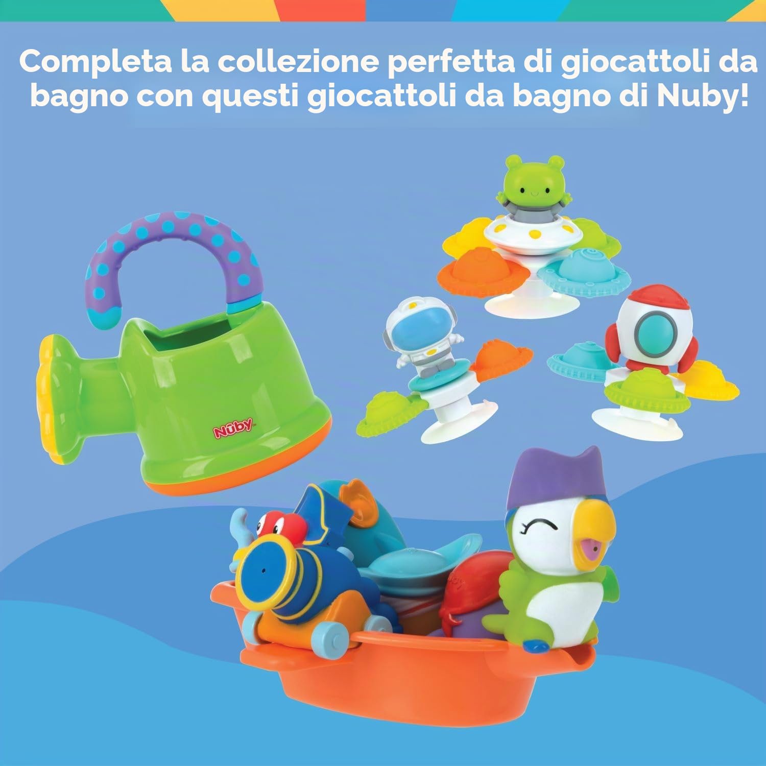 Nuby - Giocattolo da bagno per bebè - Piovra interattiva galleggiante con anelli da bagno - Giocattolo che stimola la coordinazione occhio-mano dei più piccoli - Ideale dai 18 mesi in su
