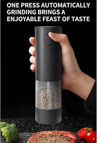 Miniatura 3 de Gravity - Juego de molinillo eléctrico de pimienta y sal, grosor ajustable, con luz LED, operación automática con una mano, acero inoxidable negro,