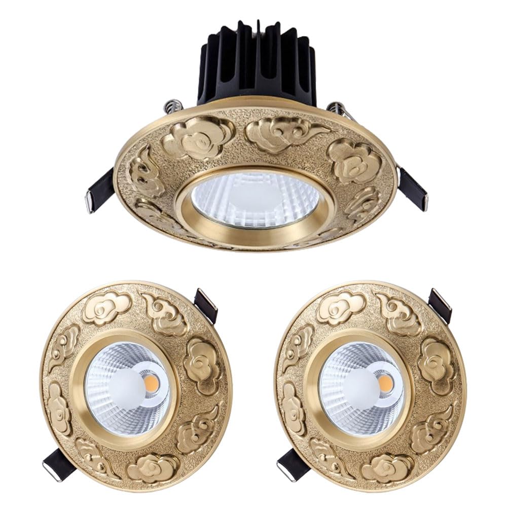 LED-Downlight aus Messing, 10,7 cm, 3 Stück, Innenwandverkleidung, 10 W, gebürstetes Messing, Einbauleuchte, Cob-Strahler, dimmbar, 3000 K-6000 K, LED-Dosenleuchten, Schnittgröße: 75–100 mm