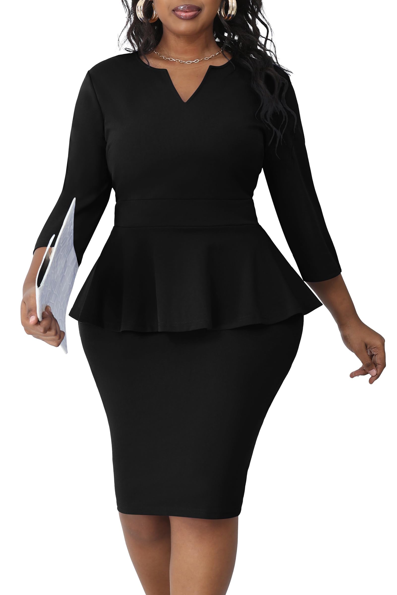 Runwind Plus Size Dresses for Curvy Women Work Church Professional Office Vintage Peplum Pencil Dress V Neck 3